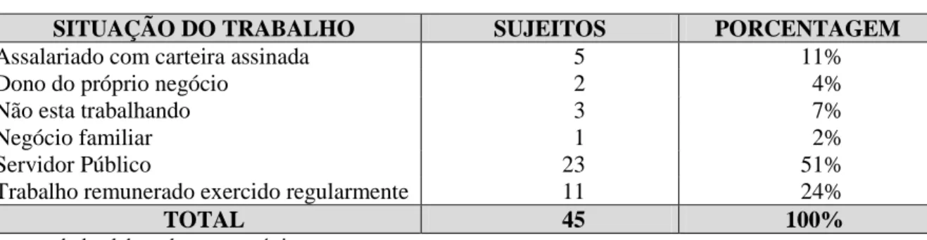 Tabela 4 - Situação de Trabalho dos jovens 