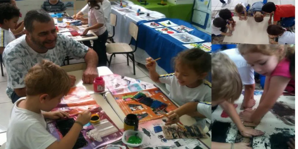 Foto 24: Crianças com o Artista Wencesslauw pintando o carimbo de papelão. Fonte: Arquivo Pessoal