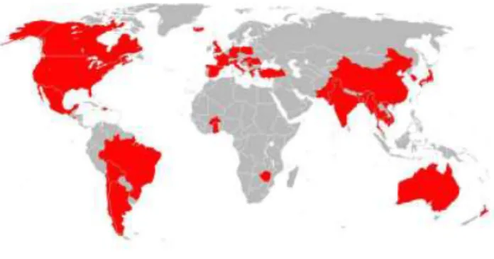 Figure 2.2: Arsenic affected countries in (red) of the world, [46] 