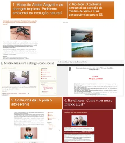 Figura 4: Mosaico de imagens das páginas do Blog dos temas de estudo do  projeto escolar