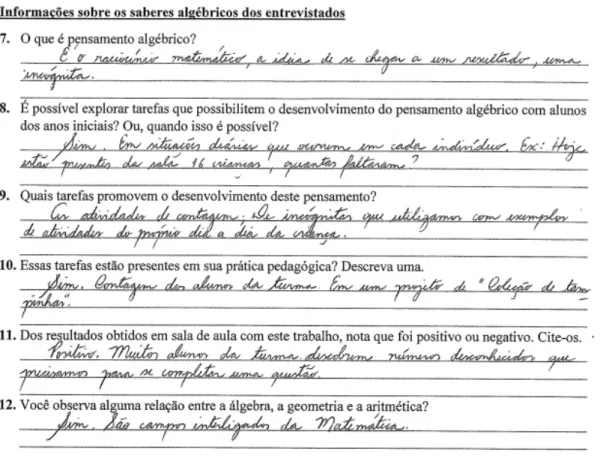 Figura 1: Trecho do questionário acerca dos saberes algébrico de uma das participantes