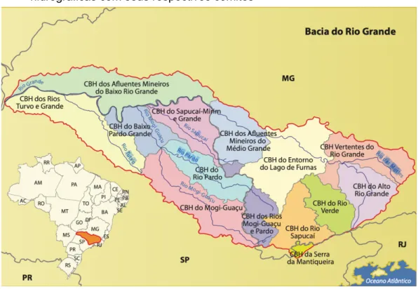 Figura  3  -  Bacia  do  Rio  Grande  e  sua  subdivisão  em  bacias  de  rios  afluentes  ou  regiões  hidrográficas com seus respectivos comitês 