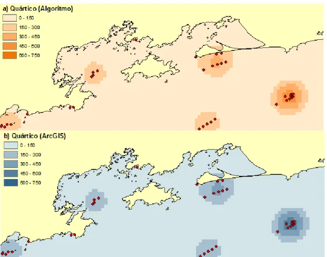 Figura 4.1. Comparativo gráfico entre a Estimativa de Densidade de Kernel programada para o Algoritmo (a) e a  do software ArcGIS (b), variando de 0 a 747,115