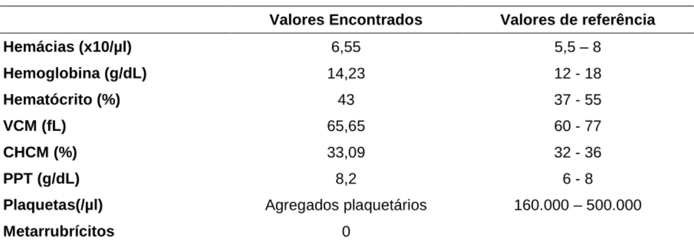 Tabela 2: Hemograma 1 (15/07/2019) descrição da leucometria: Valores encontrados para leucócitos  totais(/µl),  metamielócitos,  neutrófilos  bastonetes,  neutrófilos  segmentados,  linfócitos,  eosinófilos,  monócitos, basófilos