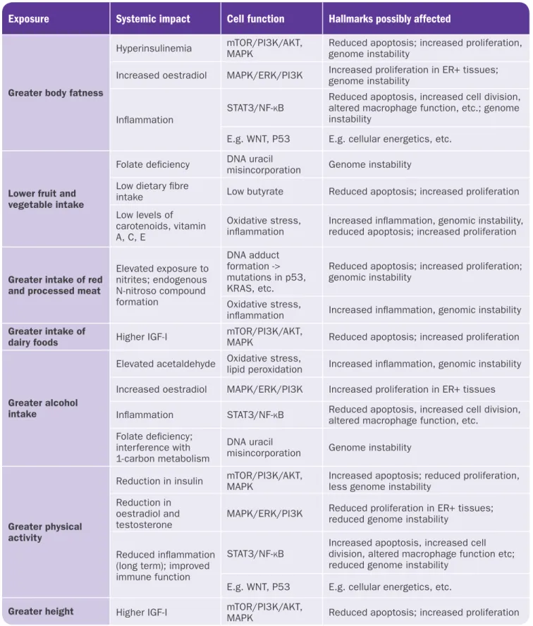 Table 2: Potential impact of diet, nutrition, physical activity and height in increasing  susceptibility to cancer