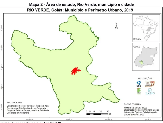 Mapa 2 - Área de estudo, Rio Verde, município e cidade 
