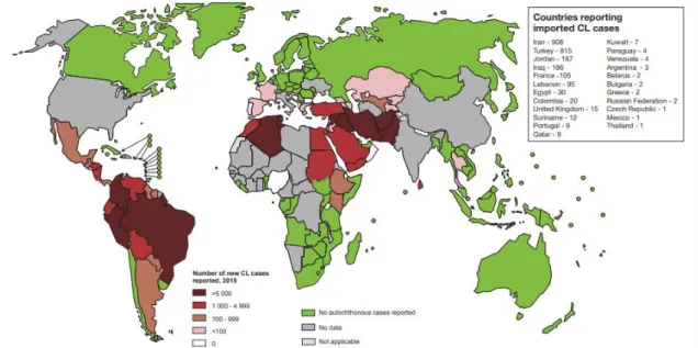 Figure 3. Status of endemicity of cutaneous leishmaniasis worldwide, 2015. Countries  reporting imported cases