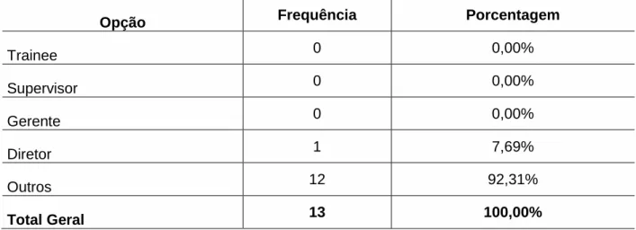 Tabela 3. Cargo ocupado na empresa. 