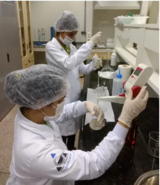 Figura 2. Alunos realizando os testes físico-químicos para a polpa do biribá. 