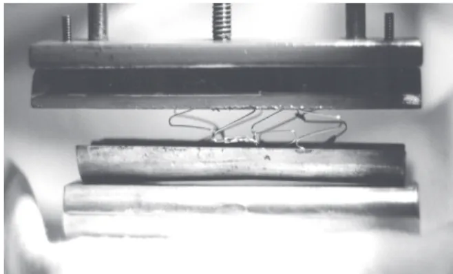 Figura  1.  Equipamento  de  ensaio  de  compressão  para  “stents”.  Pode-se visualizar  as  posições  dos  gabaritos  superior  e  inferior  e  o  sistema  de compressão  com  o  relógio  comparador  em  posição  de  operação.