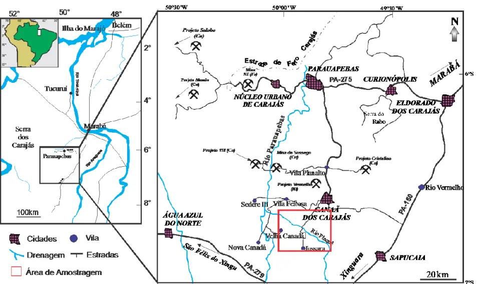 Figura 2- Mapa de localização da área de Canaã dos Carajás com destaque para a área a sul de Vila Feitosa onde se localizam os corpos.