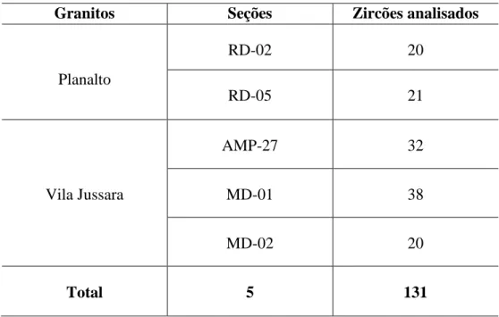 Figura 5- Seções polidas de cada amostra contendo os zircões estudados. 