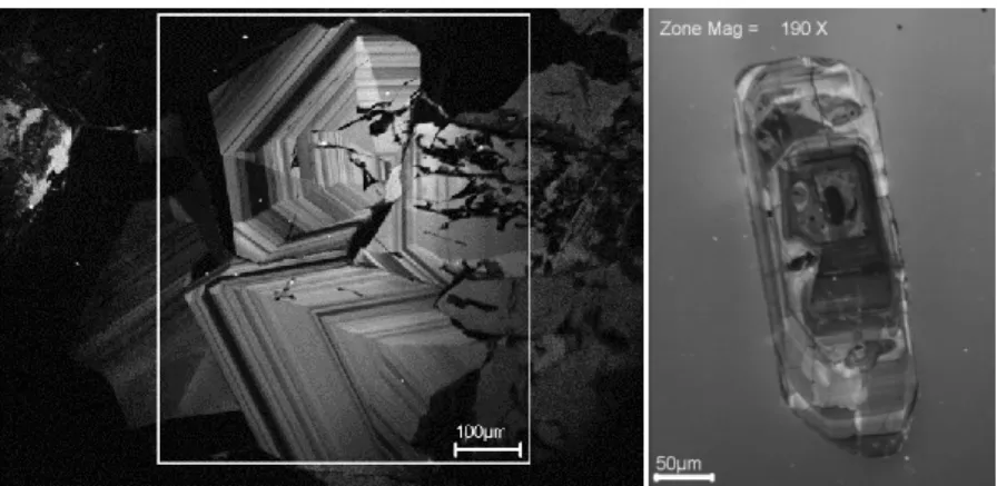 Figura 10- Exemplo de imagens em CL.  À esquerda: Cristal de quartzo em lâmina; à  direita: Cristal euédrico a  subédrico de zircão