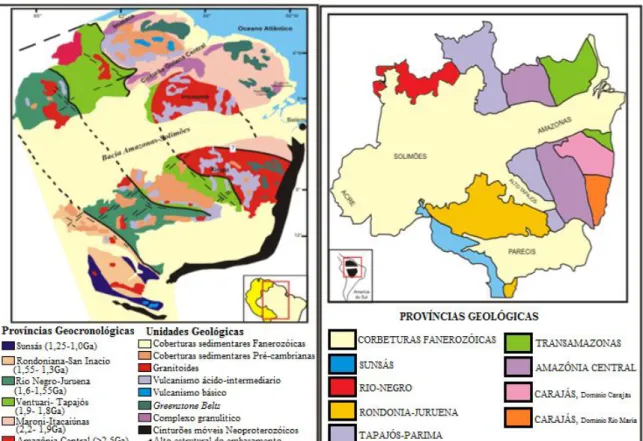Figura 14- Províncias geocronológicas do Cráton Amazônico: à esquerda Tassinari e Macambira (2004); 