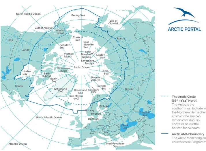 Mapa com a definição da área ocupada pelo Ártico /Map with the definition of the area occupied by the Arctic