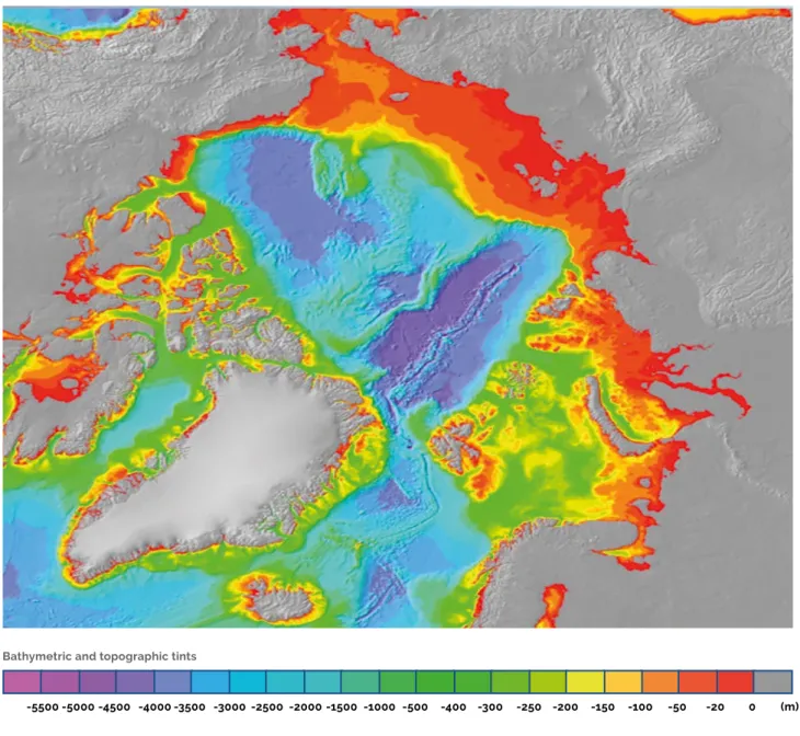 Mapa atual da batimetria do Oceano Ártico Current map of Arctic Ocean bathymetry