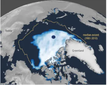 Mapa com concentração de gelo no Ártico em 2019 e 2020, sendo que em 2020 o nível mínimo foi o segundo mais baixo que há registo   /Map with sea ice concentration in the Arctic in 2019 and 2020; in 2020 the level of minimum sea ice was the second lowest on