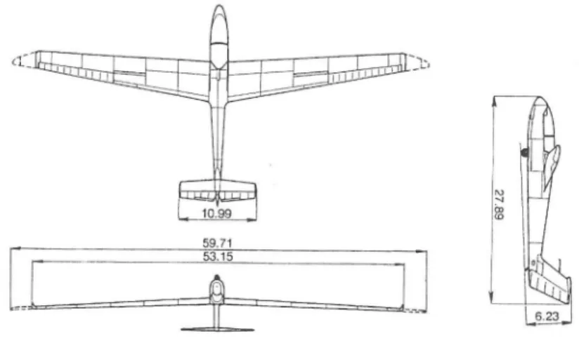 Figure 4.1: Basic dimensions for the L-23 sailplane (L-23 sailplane flight manual, 2011).