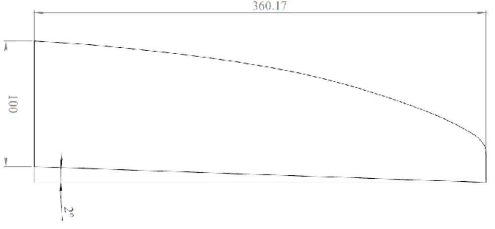 Figure 2.1: Slalom fin of windsurf board dimensions (all dimensions in mm and degrees) 
