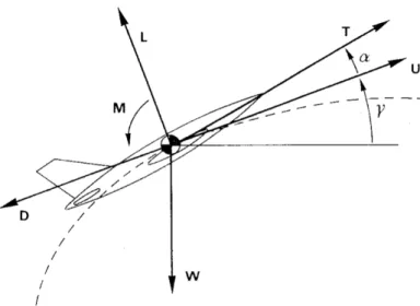 Figure 2.1: Representation of velocity U, angle-of-attack α, glide slope angle γ and forces on an aircraft: