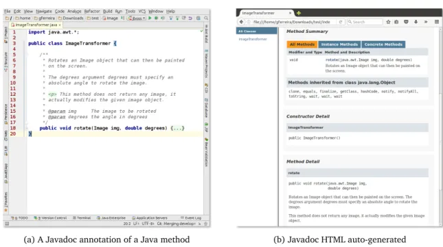 Figure 4.1: Javadoc generation of a HTML page from a documented Java method. In the left is the source code commented with the opening tag /** , in the right is the generated documentation page.