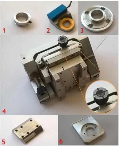 Figure  21  |  SICM  main  head  manufacturing.    This  element  is  composed  by  a  top  Z  piezo  adapter  (1),  a  Z  piezo  stage  (2),  a  bottom  Zpiezo  adapter  (3),  a  SICM  Z  controller  head  (4),  a  dovetail (5) and a Z piezo plate (6)