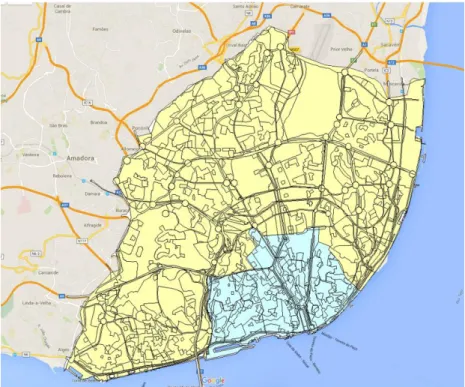 Figure 4.1 - City of Lisbon with the different studied districts (adapted from Google Maps)