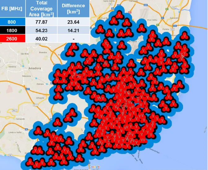 Figure 4.2 - Map of Lisbon with the coverage area of each frequency band (adapted from Google  Maps)
