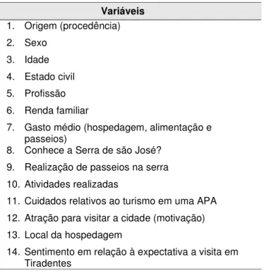 Tabela 04 - Variáveis das entrevistas junto aos visitantes. 