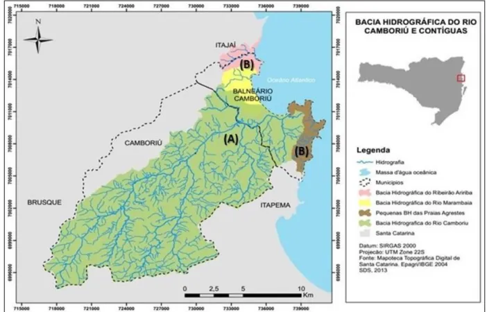 Figura 3. Mapa de localização da Bacia Hidrográfica do Rio Camboriú e  Bacias Contíguas/SC, sinalizado em (A)  Bacia  Hidrográfica  do  Rio  Camboriú  (verde)  e  (B)  Bacia  Hidrográfica  do  Ribeirão  Ariribá  (rosa),  Bacia  Hidrográfica  do  Rio  Maram