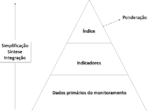 Figura  4.  Pirâmide  de  informações  –  processos  de  integração,  síntese  e  simplificação  de  dados  para  constituir  indicadores e índices para a ponderação