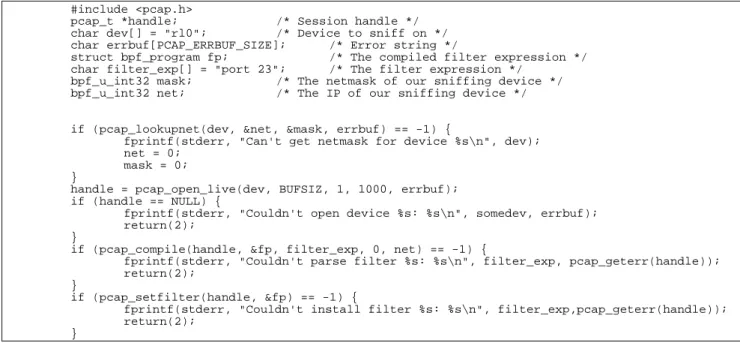 Figura 17. Fragmento de programa utilizando a libpcap  Fonte: Adaptado de Libpcap (2007) 