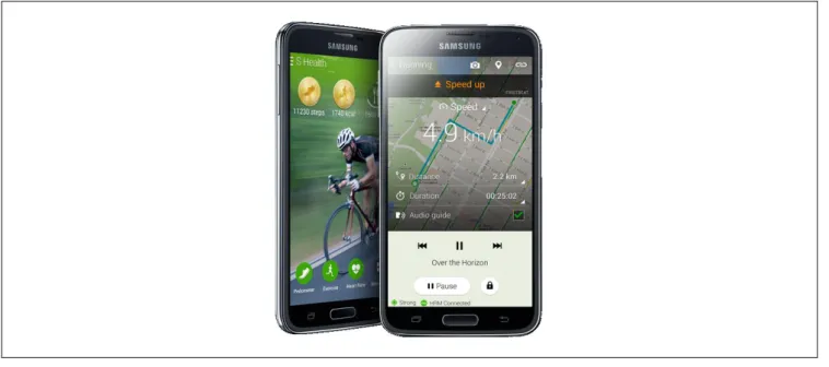 Figura 19: Samsung S5 mostrando telas do S Health, Samsung Gear e pedômetro. 