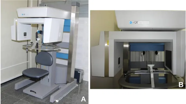Figura  9-  (A)  Aparelho  de  TC  i-Cat  Imaging  Science.  (B)  Visão  aproximada  dos  apoios  de  mento e cabeça  para posicionar o paciente