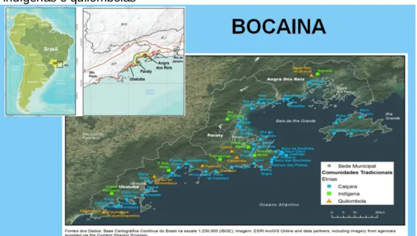 Figura 1: Região da Bocaina, municípios e comunidades tradicionais caiçaras,  indígenas e quilombolas 