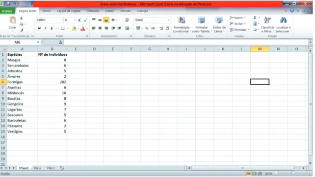 Figura 1: Modelo de planilha (Excel) contendo a lista das espécies e a quantidade de indivíduos.