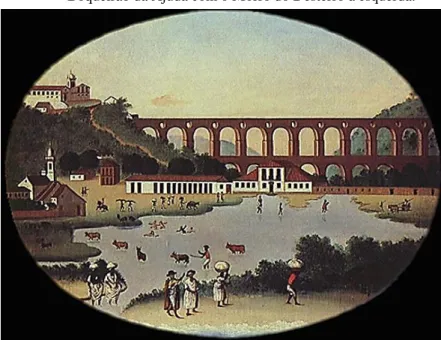 Figura  3  -  Pintura  do  aqueduto  dos  Arcos  da  Lapa  e  a  Lagoa  do  Boqueirão da Ajuda com o Morro do Desterro à esquerda