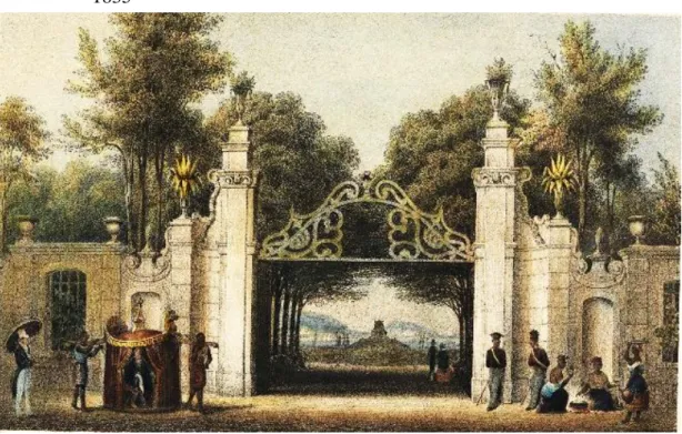 Figura 14 - Desenho aquarelado do portão e da perspectiva em linha reta da rua das Belas  Noite  adentrando  ao  eixo  principal  do  jardim  do  Passeio  Público  no  ano  de  1835 