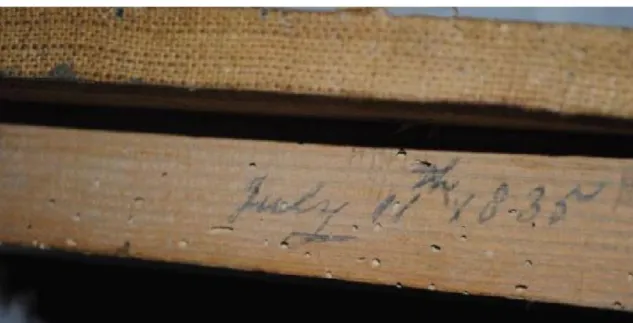 Figura 3: Inscrição manuscrita na extremidade direita do batente do banco  dianteiro, após o desmonte da berlinda 