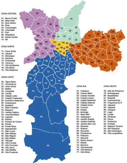 Mapa 1 - Cidade São Paulo subdivida em regiões e distritos 