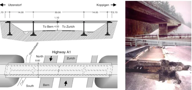 Figure 9 – Z-24 Bridge scheme (left) and picture (top right), as well as a damage scenario introduced by anchor head failure (bottom right).