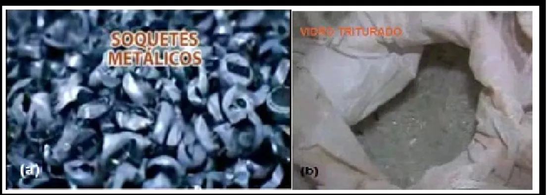 Figura 2.6 (a) Máquina de tambor giratório que separa o pó de “fósforo” do vidro.(b) Pó   fosfórico extraído no processo; Fonte: Apliquim Brasil Recicle.Paulínia-SP.(2013)