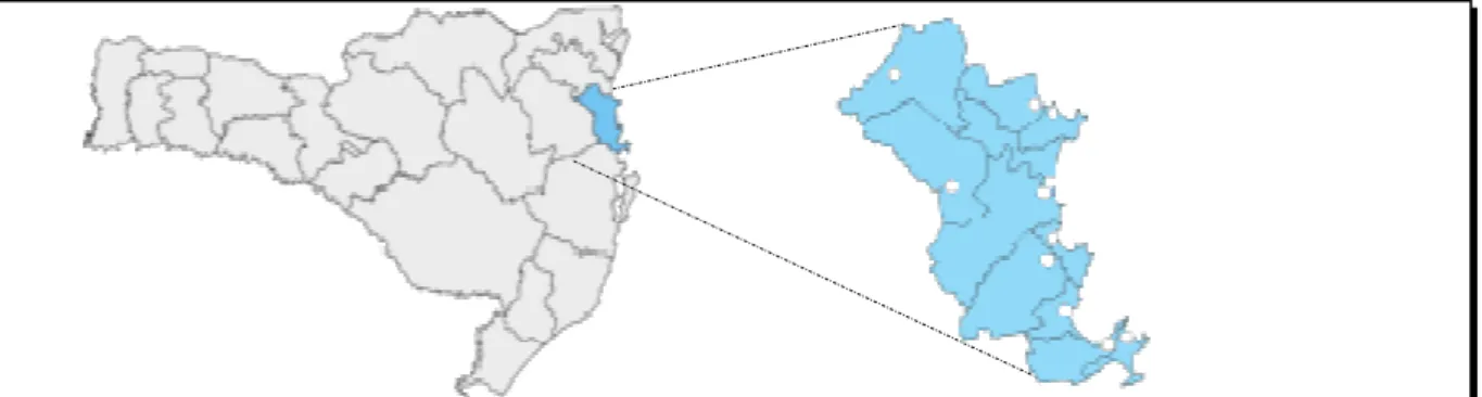Figura  1  –  Mapa  Associação  dos  Municípios  da  Região  da  Foz  do  Rio  Itajaí  e  sua  localização  no  Estado de Santa Catarina