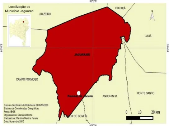 Figura 1: Mapa de Jaguarari, com a localização do Povoado de Jacunã. 