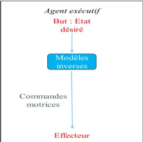 Figure  8.  Représentation  schématique  des  modèles  inverses  dans  le  cadre  d'une  exécution  motrice  suite  à  l'émergence  d'un  but  perceptif  (état  dans  lequel  le  système  aimerait  se  retrouver)