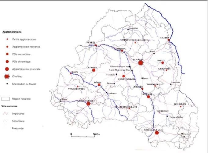 Figure 2 - Le réseau urbain dans la cité des Bituriges Cube (d'après Dumasy 2001b : 83 ; Laüt 2001 : 112) 