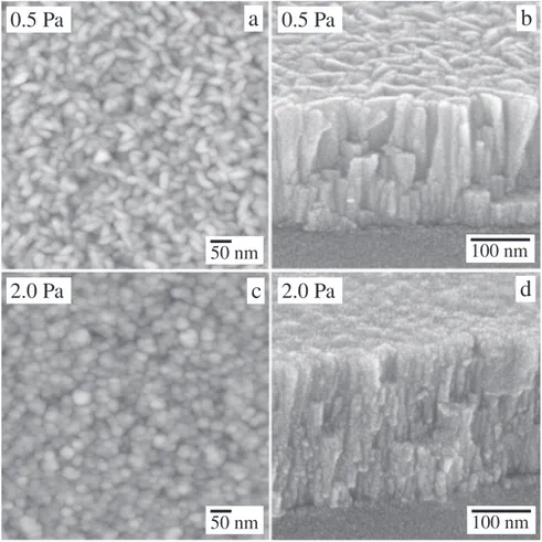 Fig. 3. AFM (a, c) and SEM (b, d) micrographs of thin ﬁlms deposited at 0.5 Pa and 2.0 Pa respectively.