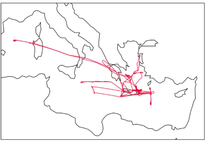Fig. 1. Flight tracks of the DLR Falcon aircraft over the eastern and central Mediterranean Sea during MINOS in August 2001.
