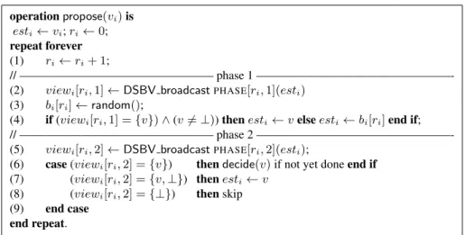 Figure 4: A binary consensus algorithm based on DSBV-broadcast and a common coin