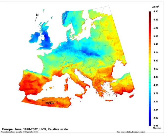Figure 1 . Map of the mean daily dose in UVB for the month of June during the 1998-2002  period